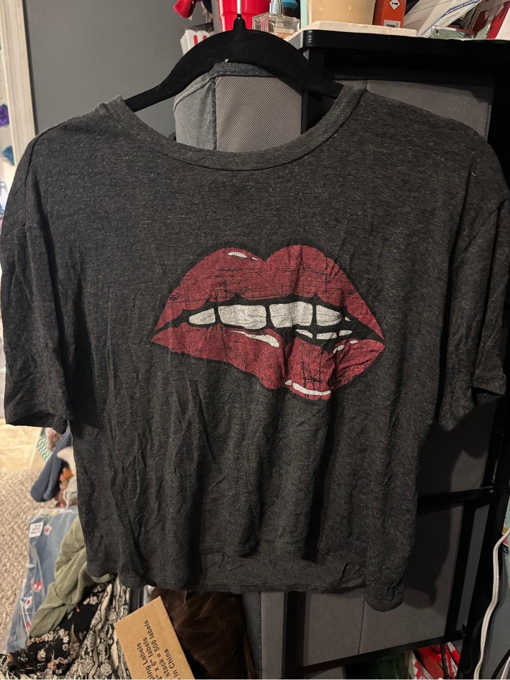 Altar'd State Charcoal Crop Tee with Red Lip Graphic